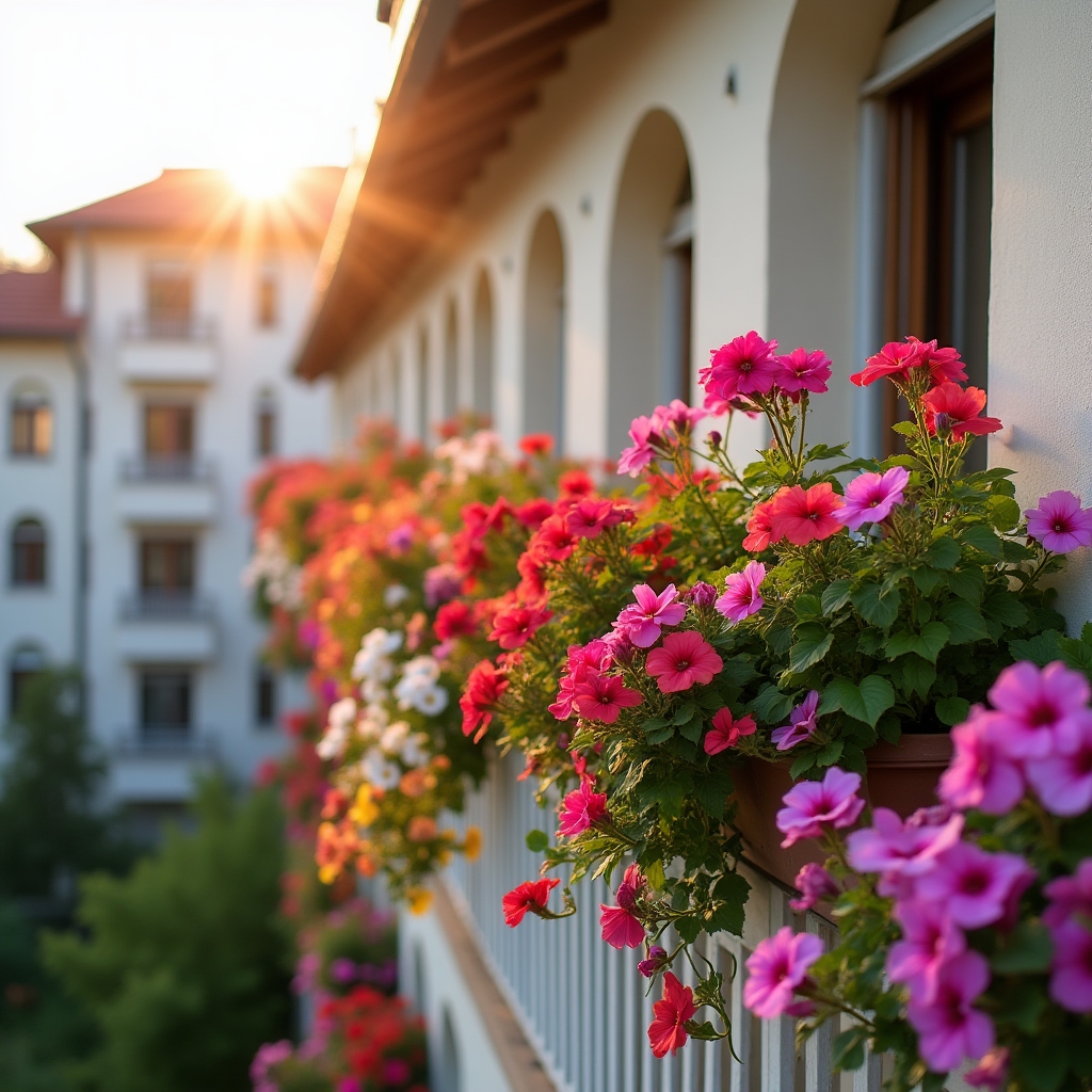 Flori multicolore de mușcate și petunii pe un balcon însorit