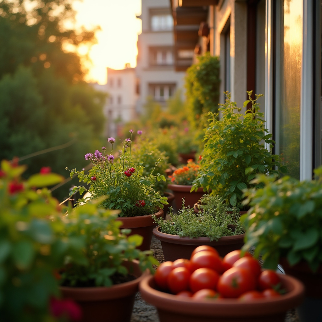 Grădină urbană pe balcon cu plante verzi și flori colorate