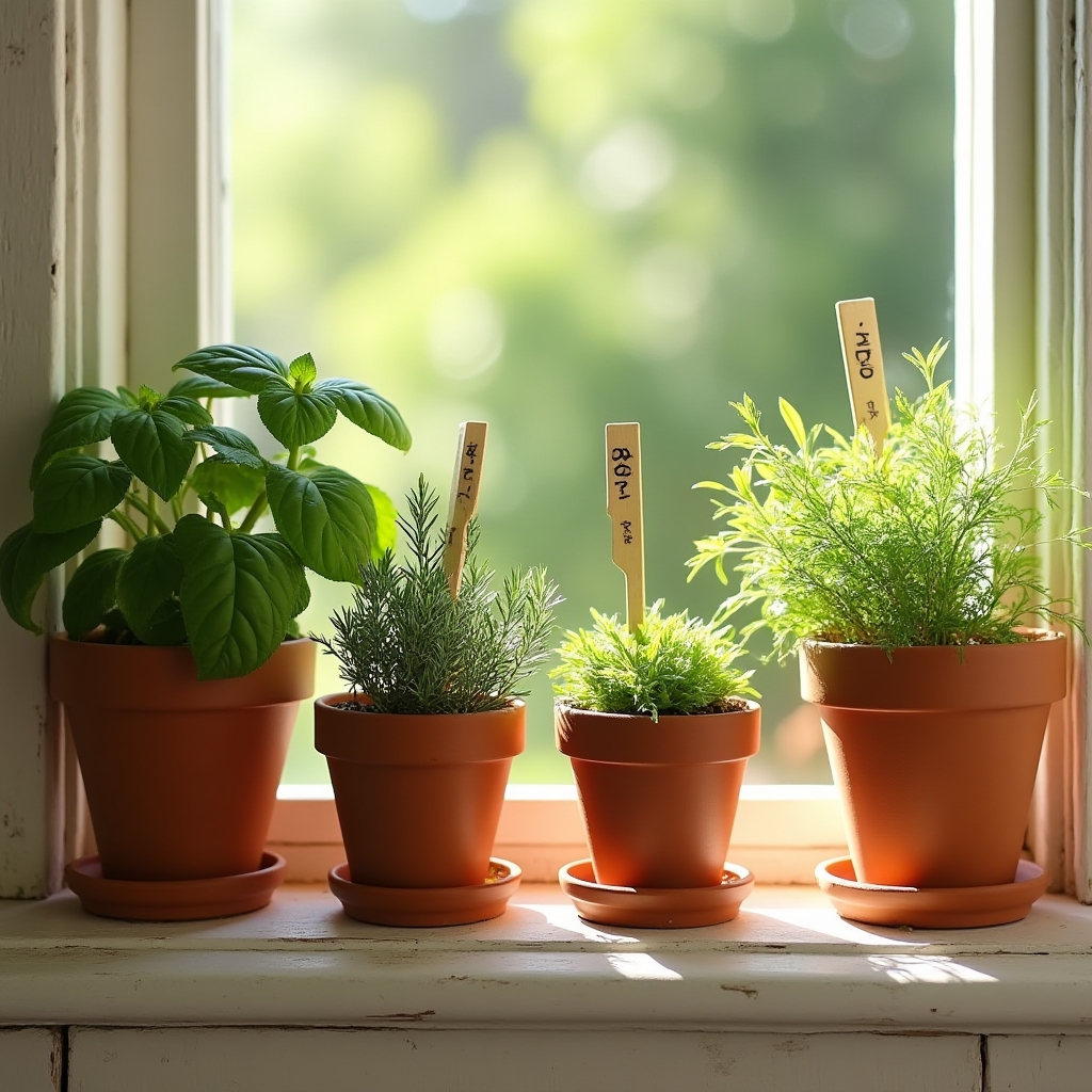 Ierburi aromatice cultivate în ghivece pe un pervaz însorit