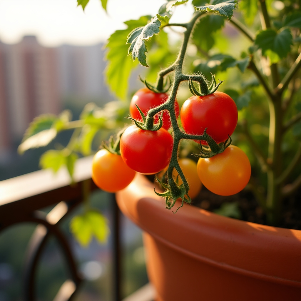 Roșii cherry roșii și galbene crescând în ghiveci pe balcon