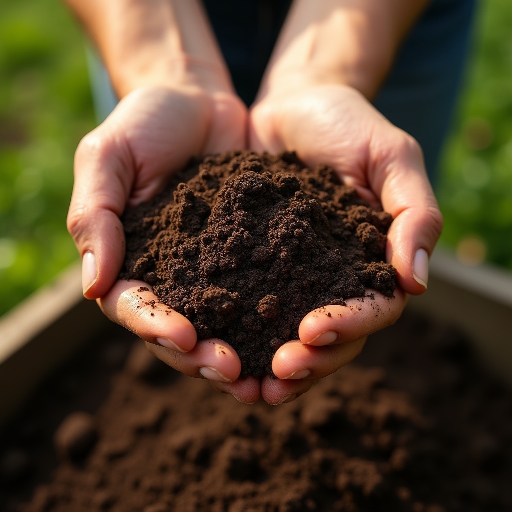 Mâini îngrijind substrat de compost proaspăt pentru grădinărit urban